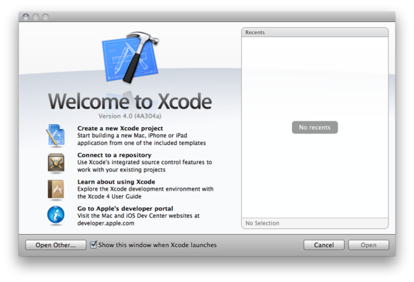 Xcode 4 welcome screen