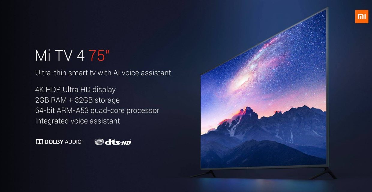Xiaomi представила крутой 75-дюймовый телевизор с поддержкой 4K HDR