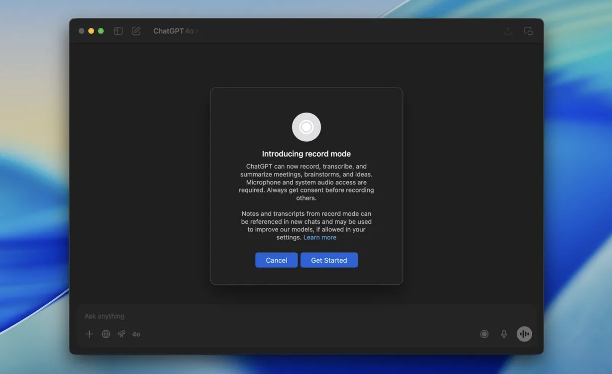 ChatGPT для Mac получил функцию Record Mode для записи голоса и перевода его в текст