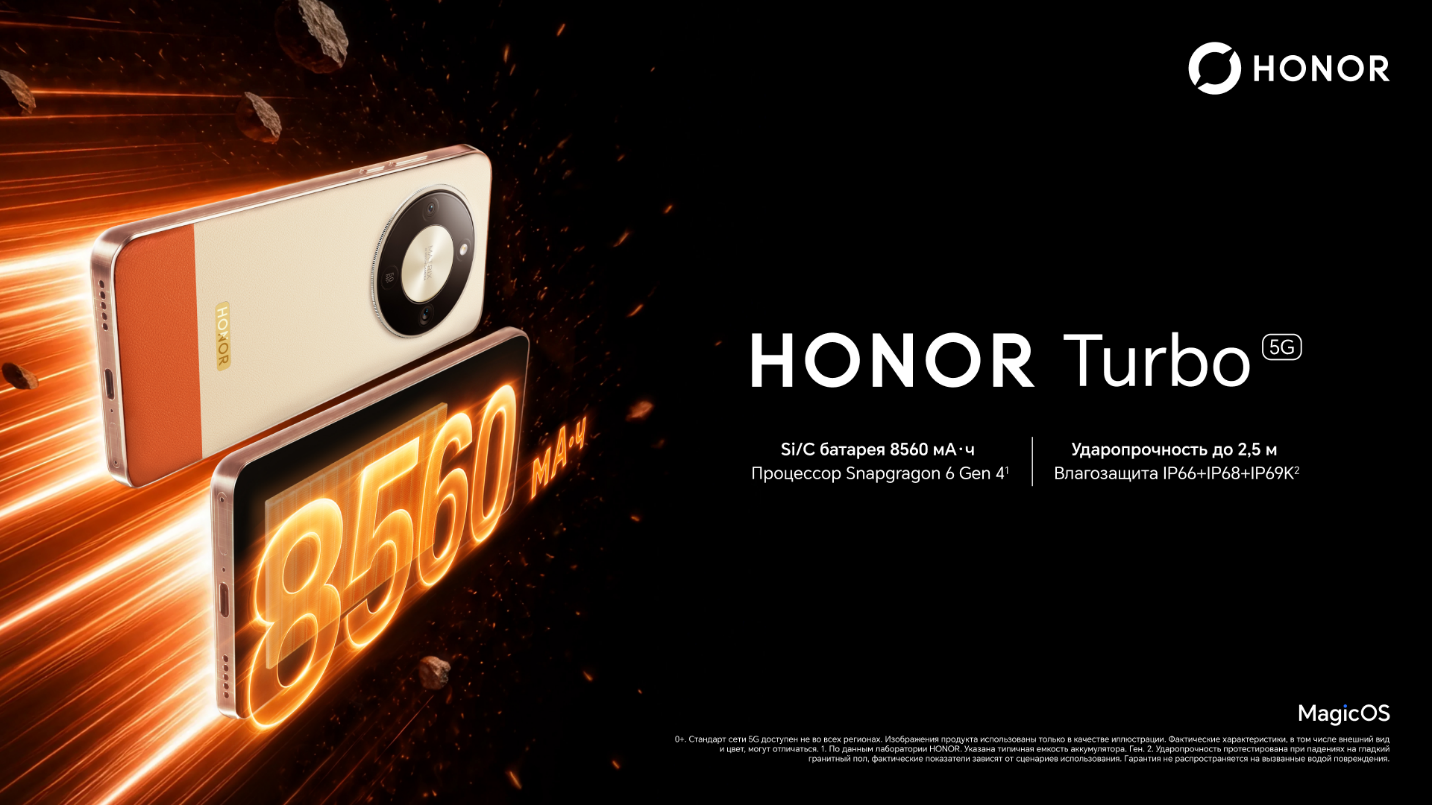 В России стартовали продажи защищенного смартфона HONOR Turbo с батареей 8560 мАч и процессором Snapdragon 6 Gen 4
